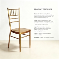 Chaise Chiavari de luxe moderne à structure métallique empilable, durable et stable pour banquets d'hôtel et usage commercial intérieur/extérieur