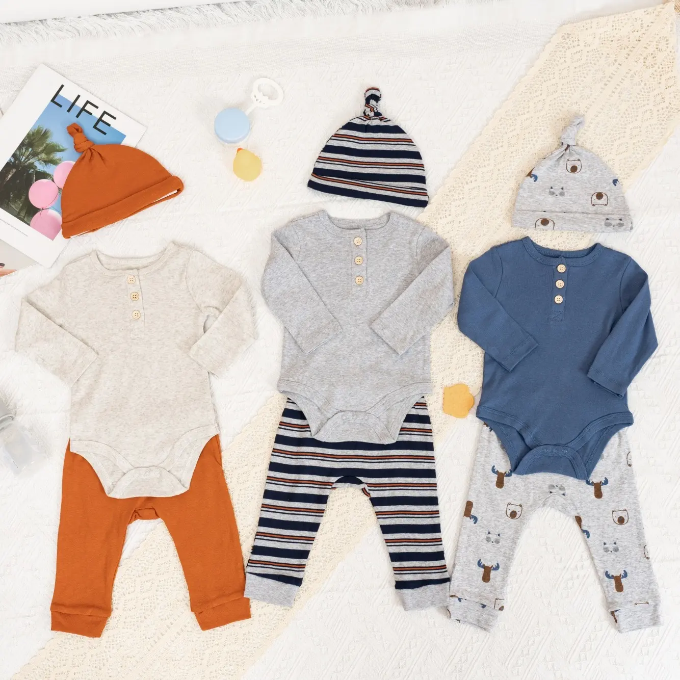 Soft High Quality Knitted 3Pc Baby Boys' Rompers new born Pant And Hat Newborn Baby Boys Clothes Set