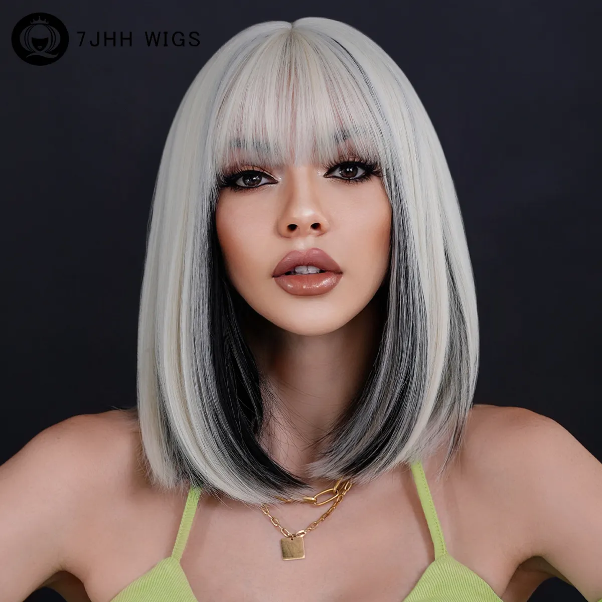 Platinum Bob Wigs with Bangs, Synthetic Straight Bob Wigs for Women, Highlights Platinum White Short Bob Wig Heat Resistant