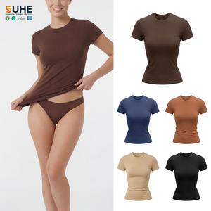 Camiseta de Punto para Mujer SUHE, Corte Ajustado, Cuello Redondo, Manga Corta, Casual, Ecológica, Transpirable, de Secado Rápido y Anti-Pilling - Product Image 1