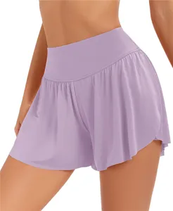 夏季二合一流动运动短裤女健身房跑步网球运动服蝴蝶裙紫色流动短裤