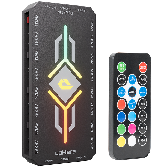 upHere ARGB PWM Fan Hub 9 Port, 5V 3Pin RGB + 4 Pin PWM Controller, SATA Powered with Remote, Magnetic PC Fan Hub