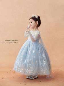 Abito da Principessa per Bambine con Fiocchi di Neve Ricamati, Tessuto Trasparente e Soffice, Vestito Lungo Blu - Product Image 2