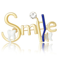 Broche en émail plaqué or, motif dentaire avec inscription 'Smile' et strass, épingle de revers et de col pour vêtements, pour femmes et hommes, accessoires quotidiens