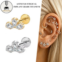 Bijou de piercing corporel Freya Factory en titane ASTM F136 sans filetage, avec zircon, pour lèvre, hélix, conque, cartilage (Labret Stud)