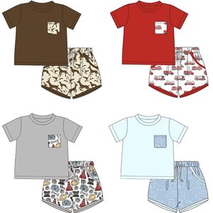 Pre-orden MOQ 5: Conjuntos de Verano para Niños con Bolsillo Superior Estampado, Ropa al por Mayor para Hermanos y Niños Pequeños, Boutique Trendyism, Spandex/Orgánico - Product Image 1