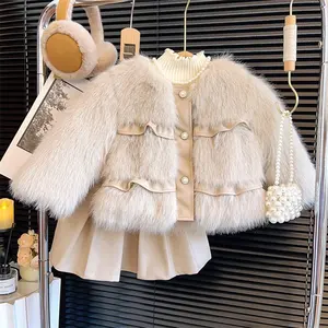 Ms-218 3 Pcs Toddler Girl Clothes Fall Winter Plush Coat + Base Top+Pleated Skirt Girl's Clothing 7 Years Winter Dress for Girls