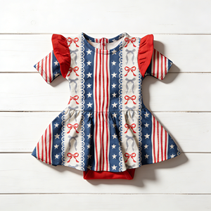 Vestido Personalizado para Bebé Niña, 95% Bambú, 5% Elastano, Manga con Volantes, Body Infantil con Estampado de Estrellas y Rayas para el 4 de Julio - Product Image 4