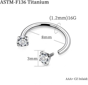 ASTM F136 Titanium <strong>Nose</strong> Hoop <strong>Round</strong> CZ Prong Set Internally Threaded CBB Horseshoe <strong>Nose</strong> <strong>Ring</strong> Piercing Jewelry Wholesale - Product Image 3