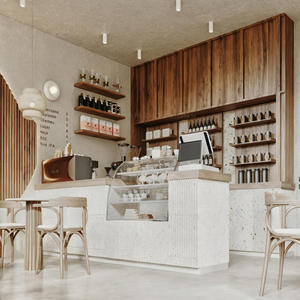 Diseño de Cafetería Wabi Sabi Personalizado, Muebles de Madera Natural para Cafetería, Mostrador Curvo, Solución Interior de Cafetería Minimalista Cálida y Lista para Usar en 3D - Product Image 2