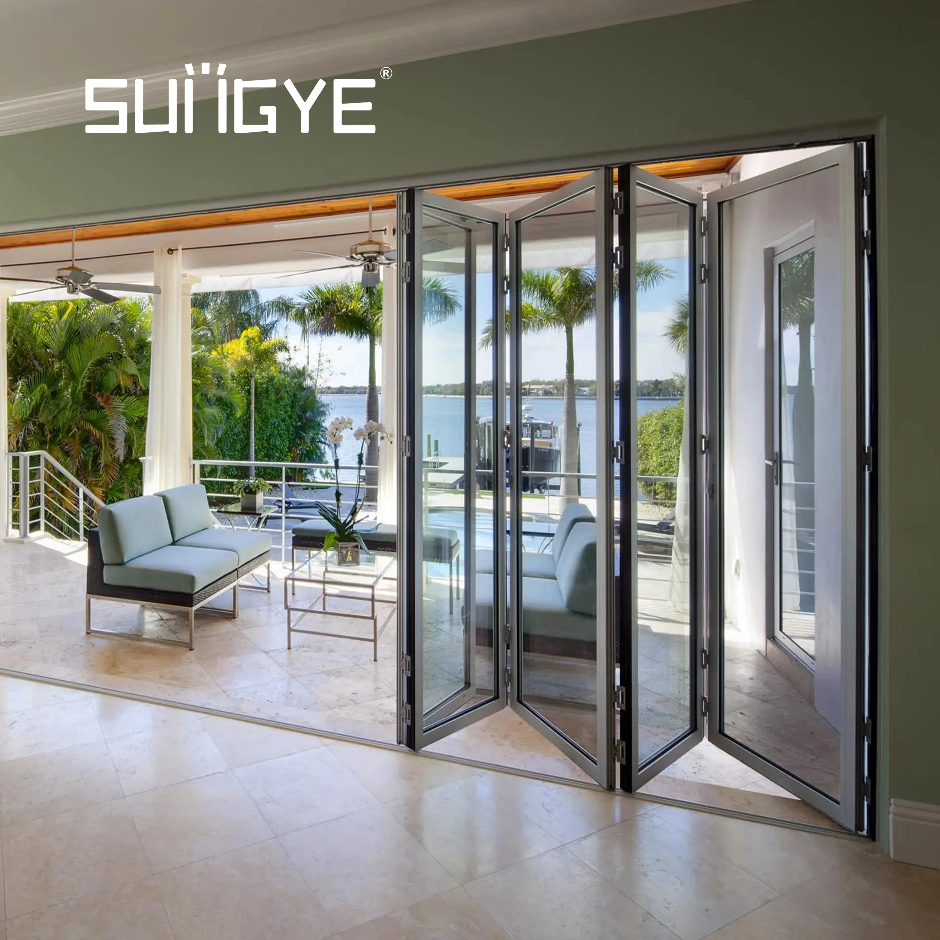 SUNGYE, Двойные Вертикальные Раздвижные складные дверные двери, дизайн, водонепроницаемые стеклянные складные алюминиевые современные двойные двери