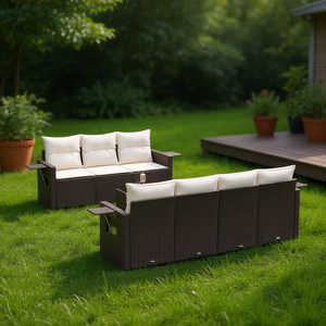 Brown Garden <b>Sofa</b> <b>Set</b> With Cream Cushions Outdoor Furniture Contemporary Design UV Resistant PE Rattan - Product Image 2