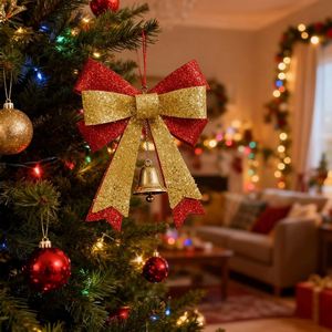 Christmas Tree Topper <b>Bow</b> <b>Red</b> Gold Burlap Glitter Hanging Ornament for DIY Xmas Wreath Gift Basket Party Holiday Decorations - Product Image 4