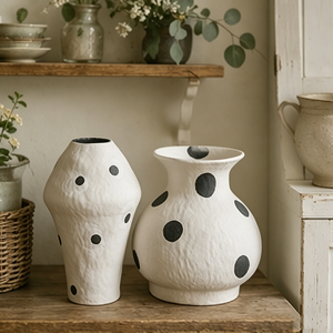 Textured White Black Polka Dot Ceramic Vase Set Irregular Asymmetrical <strong>Cottage</strong> Style Table Decor Vase - Product Image 4