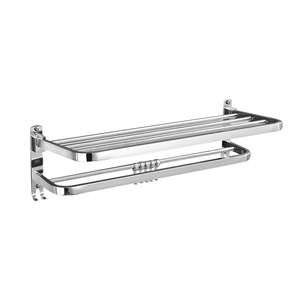 304 Stainless Steel Towel Rack 2 Layer Foldable Wall Mounted Bathroom Storage <b>Shelf</b> With <b>Hooks</b> For Towels And Accessories - Product Image 2