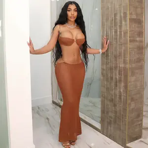 Sexy 2024 New See Through Bra And Skirt 2 Piece Bikini Set Solid Bodycon Hollow Out Tether Sexy Women's Set