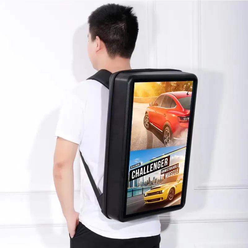 Reproductor de vídeo publicitario de 21,5 pulgadas, mochila con pantalla LCD Android, mochila para caminar humana, cartelera