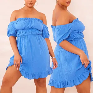 Factory 2024 New Fashion Blue Puff Sleeve Cheesecloth Shift Dress Custom Summer Off Shoulder Mini Dress For Women