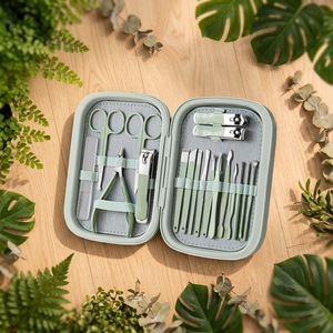 Ensemble de manucure professionnel luxueux de 15 pièces, coupe-ongles en acier inoxydable, ciseaux, limes, étui portable, couleur verte, pour adolescents et enfants - Product Image 3