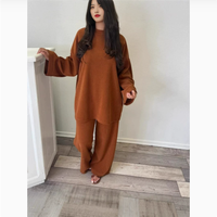 Abaya en tricot modeste, haut et pantalon en velours côtelé, couleurs unies, col rond, manches longues, pour l'automne/hiver, style Dubaï Moyen-Orient