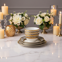 Service de table en céramique 24 pièces, vaisselle moderne de luxe, assiettes élégantes en porcelaine, bordure dorée, mariage, restaurant