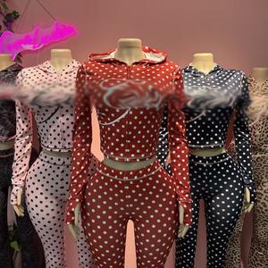 Bộ đồ nữ Xuân Y2K mới in họa tiết chấm bi, chữ cái, báo đốm, áo khoác có mũ, tay dài, quần loe 2 món - Product Image 3