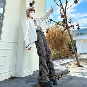 جينز رجالي جينز واسع جينز بأزرار لأسفل جينز مستقيمة فضفاضة بنمط الشارع دينم محبوك بساق متوسطة أمامي رمادي مغسول - Product Image 3