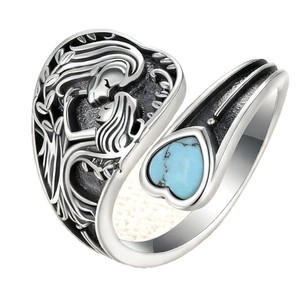 Japanese Korean Style Heart Shape Adjustable <b>Ring</b> With <b>Turquoise</b> Inlay For Women Mother Daughter Matching Gift Jewelry - Product Image 5