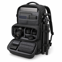 Grand sac à dos pour appareil photo noir, sac de photographie DSLR avec compartiment inférieur pour équipement, poche latérale à cordon de serrage, ceinture de taille