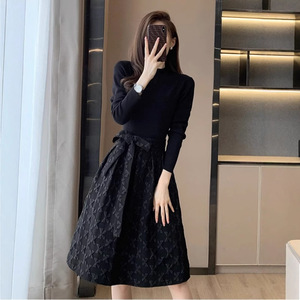 Women's Two Piece Set Black Knitted Top With Belted Skirt Autumn Winter 2025 Fashion Solid Color Full Sleeve Dress - Product Image 5