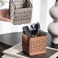 Boîte de rangement carrée en cuir PU matelassé français pour pinceaux de maquillage, télécommandes, porte-stylos et fournitures de bureau