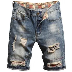 European and American trend denim shorts with holes in summer straight leg pants