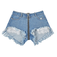 Short en jean Denim Sexy avec dentelle frontale et ouverture à l'entrejambe, pour femmes, vêtement court en dentelle à fermeture éclair, collection 2022