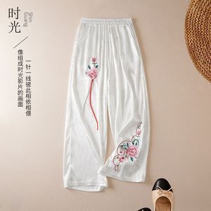 Spring Summer Jacquard Embroidered High Waisted Women Pants Ethnic Loose Wide Leg Casual Chinese Style Pants Black White - Product Image 2