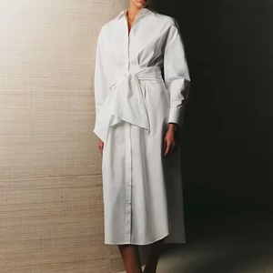 Women's Elegant White Cotton Blend Structured Waist Tie Detail Long Sleeve Button-Down Shirt Dress Midi O - Product Image 6