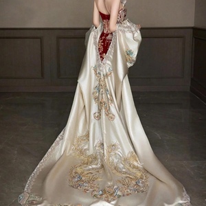 Women's Strapless Chinese Embroidery Wedding Gown - <b>Red</b> Velvet & Satin Train Evening Dresses Fashion - Product Image 1