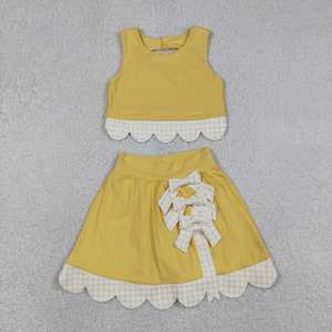 ชุดเด็กผู้หญิง GSD3324 rts Little Active Girl สีเหลืองลายตารางหมากรุก แต่งขอบหยัก ชุดขายส่ง เสื้อแขนกุด กระโปรง ชุดโยคะ - Product Image 1