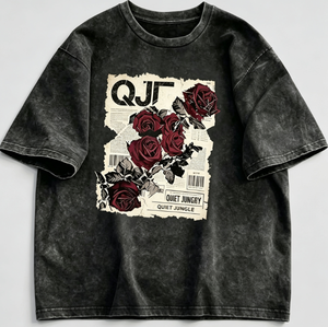 T-shirt Streetwear Oversize à Épaules Tombantes, Effet Délavé à l'Acide, avec Imprimé Vintage Rose Rouge et <span class=keywords><strong>Journal</strong></span> Ancien de <span class=keywords><strong>la</strong></span> Ville - Product Image 1