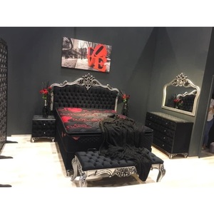 Dark grey velvet fabric Italian design upholstered ottoman <b>bed</b> fabric queen <b>bed</b> frame with tufted headboard and bedfoot for sale - Product Image 5