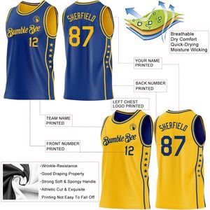 Conjunto de camiseta de baloncesto reversible personalizada, uniformes de equipo transpirables sublimados unisex para adultos con nombre y número, cuello redondo de 340 g/m² - Product Image 4