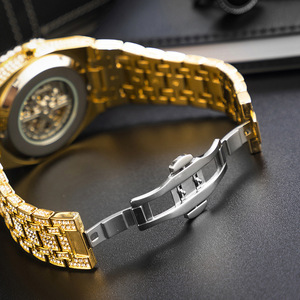 Montre-Bracelet Squelette Mécanique Homme Tendance Plaqué Or Zircon Luxe <span class=keywords><strong>Femme</strong></span> Fantaisie Iced Out Tourbillon - Product Image 3