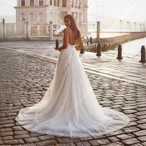 White <b>Spaghetti</b> <b>Strap</b> Lace A-Line Wedding Dress Square Neck Backless Natural Waist Lightweight Bridal Gown - Product Image 2