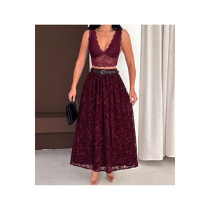 Women's Burgundy Modest Skirt <b>Elastic</b> Waistband Flocked Tulle 100 Cm Length - Product Image 1