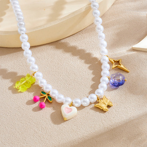 Cute Cartoon Pearl Necklace With Gold Plated Cherry Butterfly Pendant Everyday Wear Jewelry - Product Image 2