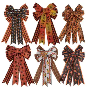 Senmasine Large Halloween Wreath Bows With Ghost Head Spider Witch Pumpkin Grid Ribbon happy pattern Bow Holiday decor