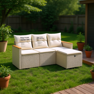Ensemble de canapés de jardin beige crème avec rangement, meubles en rotin d'extérieur, design contemporain, coussins imperméables - Product Image 2