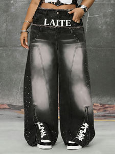 LTD-MTR1004 Jeans Premium de Mezclilla con Pedrería Personalizada, Degradado en Spray, Doble Cintura, Cremallera en el Dobladillo, Estilo Baggy para Hombre y Mujer - Product Image 1