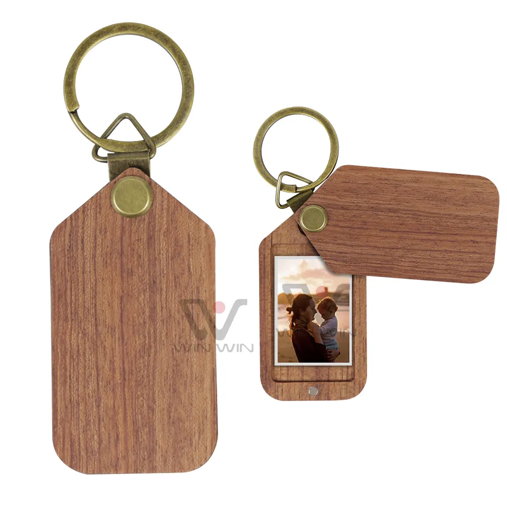 नई आइटम रिक्त लकड़ी फोटो फ्रेम के साथ चमड़े कीरिंग Keychains लकड़ी प्रचारक चाबी का गुच्छा