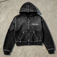 Sweat à capuche zippé unisexe en maille gaufrée épaisse, noir délavé, avec patch Atelier surpiqué contrastant, coupe oversize, style streetwear décontracté