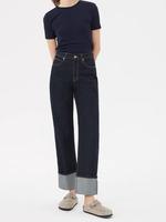 Jeans Mom Baggy Taille Haute pour Femme, en Denim Coton Noir, Coupe Droite, Imprimé Vintage, avec Rivets et Boutons, Effet Délavé, Ourlet Roulé, Logo à la Taille, ODM OEM